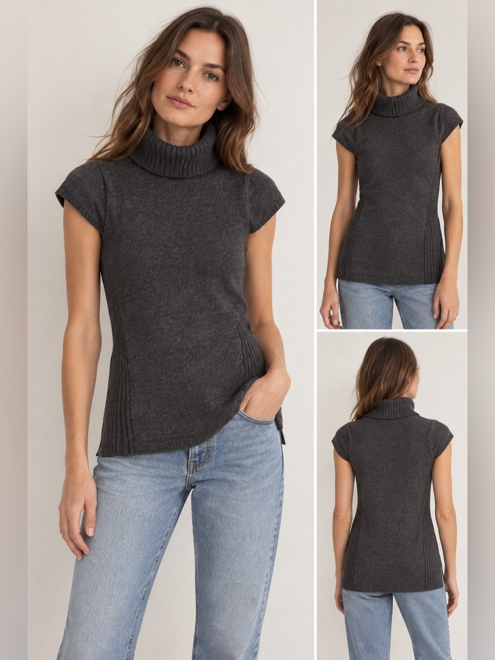 ibex Merino Wool Charcoal Sleeveless Turtleneck Knit Tunic